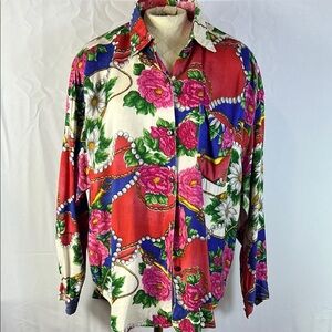 Hot Gossip Red and Pink Floral Button Down Shirt with Long Sleeves Size Large